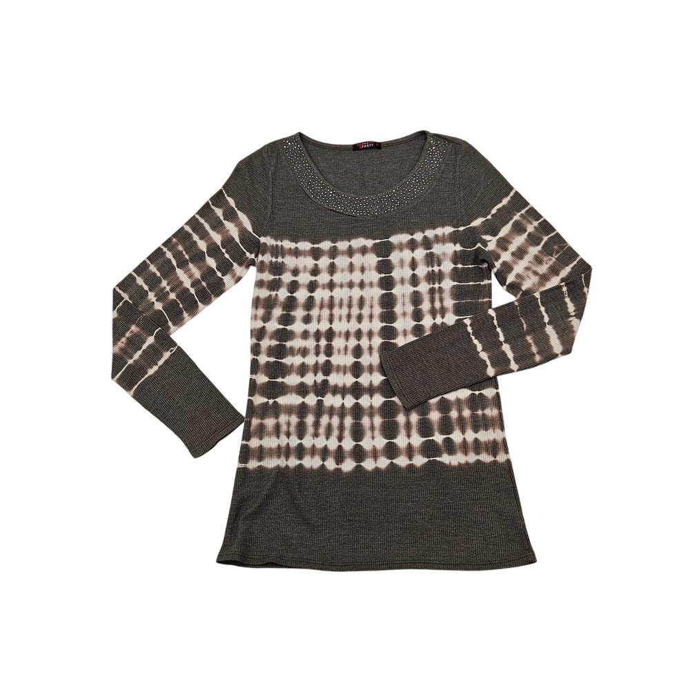 T-Party‎ Womens Gray Waffle Knit Tie Dye Rhinestone Scoop Neck Thermal Top Large